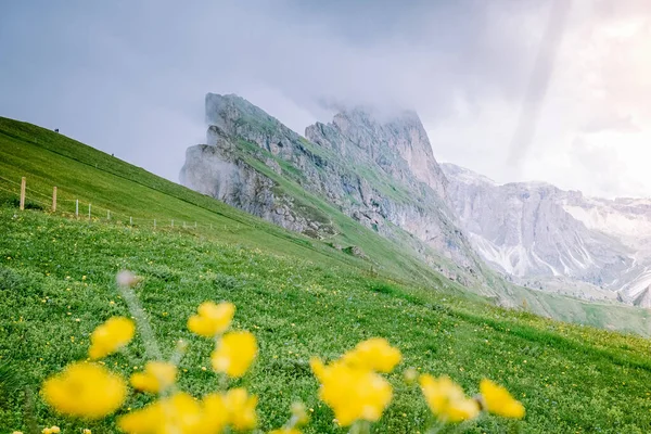 İtalyan Dolomiteler 'de yürüyüş yapan çift Seceda Tepesi' nin muhteşem manzarası. Trentino Alto Adige, Dolomites Alps, Güney Tyrol, İtalya, Avrupa. Odle dağ sırası, Val Gardena. Görkemli Furchetta