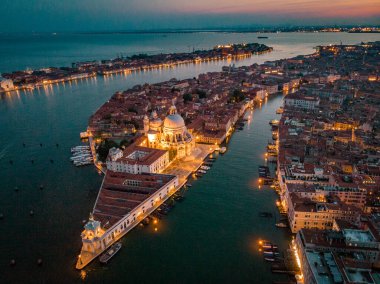 Venice from above with drone, Aerial drone photo of iconic and unique Saint Marks square or Piazza San Marco featuring Doges Palace, Basilica and Campanile, Venice, Italy clipart
