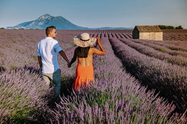 Paar Männer und Frauen im Urlaub in der Provence Lavendelfelder, Provence, Lavendelfeld Frankreich, Valensole Plateau, buntes Feld Lavendel Valensole Plateau, Provence, Südfrankreich. Lavendel — Stockfoto