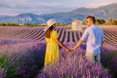 Couple men and woman on vacation at the provence lavender fields, Provence, Lavender field France, Valensole Plateau, colorful field of Lavender Valensole Plateau, Provence, Southern France. Lavender clipart