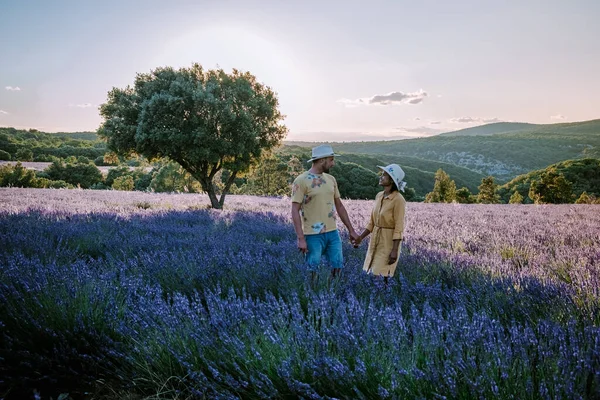 Champs de lavande d'Ardèche dans le sud de la France au coucher du soleil, champs de lavande en Ardèche dans le sud-est de la France, couples hommes et femmes regardant le coucher du soleil dans les champs de lavande dans le sud de la France — Photo