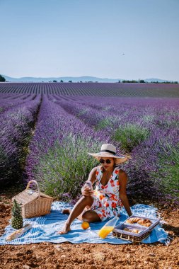 Provence lavanta tarlalarında tatil yapan bir kadın, Provence, Lavanta tarlası Fransa, Valensole Platosu, renkli Lavanta Platosu, Provence, Güney Fransa. Lavanta tarlası