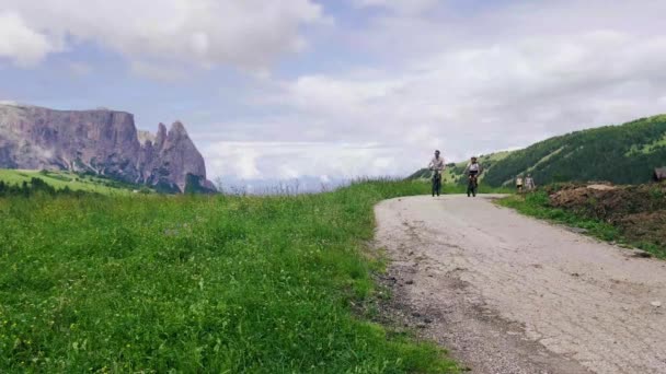 Alpe di Siusi - Seiser Alm con Sassolungo - Langkofel grupo de montaña en el fondo al atardecer. Flores de primavera amarillas y chalets de madera en Dolomites, Trentino Alto Adige, Tirol del Sur, Italia — Vídeos de Stock