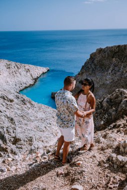 Crete Greece Seitan Limania beach with huge cliff by the blue ocean of the Island of Crete in Greece, Seitan limania beach on Crete, Greece