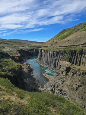 İzlanda 'daki Studlagil Kanyonu boyunca çarpıcı bazalt sütunlar yükseliyor..