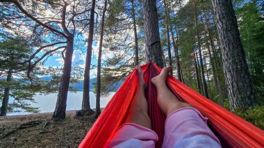 Norveç 'teki dingin göl manzaralı, yükselen ağaçların arasına kurulmuş canlı kırmızı bir hamakta huzurlu bir anın tadını çıkarıyorum. Norveç 'te doğanın sükunetini ve güzelliğini tecrübe edin.