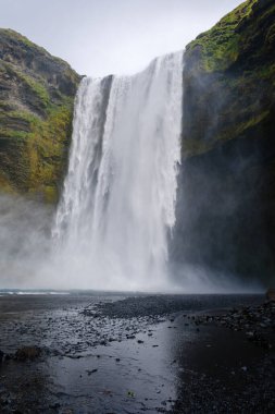 Skogafoss şelalesi İzlanda 'da yosun kaplı uçurumlara çarpar ve sisli bir atmosfer yaratır..