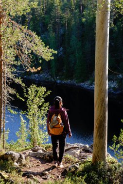 Bir yürüyüşçü Hossa Ulusal Parkı 'ndaki Julma Olkky Kanyonu' nun sakin sularına bakan kayalık bir çıkıntıda duruyor. Bereketli yeşil çevre doğada bir huzur hissi uyandırıyor..