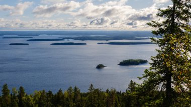 Finlandiya 'daki Koli Milli Parkı' nın sakin göller ve gür ormanlarla dolu büyüleyici manzarasını keşfedin. Doğanın canlı renkleri parçalı bulutlu bir gökyüzü altında pitoresk bir ortam yaratır..