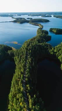 Finlandiya 'nın Punkaharju kentinin büyüleyici doğal güzelliğini keşfedin. Bereketli yeşil ormanlar ve sakin mavi göller tarafından kucaklanan dolambaçlı bir yol. Doğa aşıkları ve macera arayanlar için mükemmel..