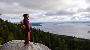 Finlandiya 'daki Koli Milli Parkı' nın geniş göllerine ve yemyeşil ormanlarına bakan bir yürüyüşçü büyük bir kayanın üzerinde durmaktadır. Bulutlu gökyüzü bu sakin sahneye dramatik bir zemin ekler..
