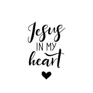 İsa kalbimde. Mektup. Mürekkep çizimi. Beyaz arkaplanda izole edilmiş modern fırça kaligrafisi