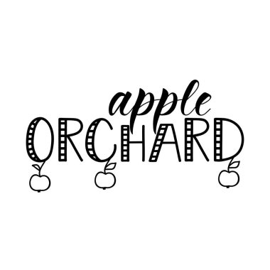 Elma bahçesi. Mektup. Mürekkep çizimi. Beyaz arkaplanda izole edilmiş modern fırça kaligrafisi