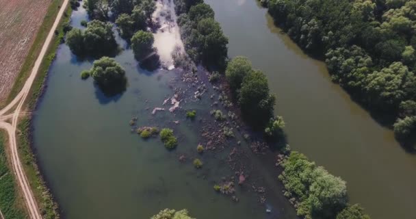 A flooded river filmed with a drone from a height in summer — Stock Video