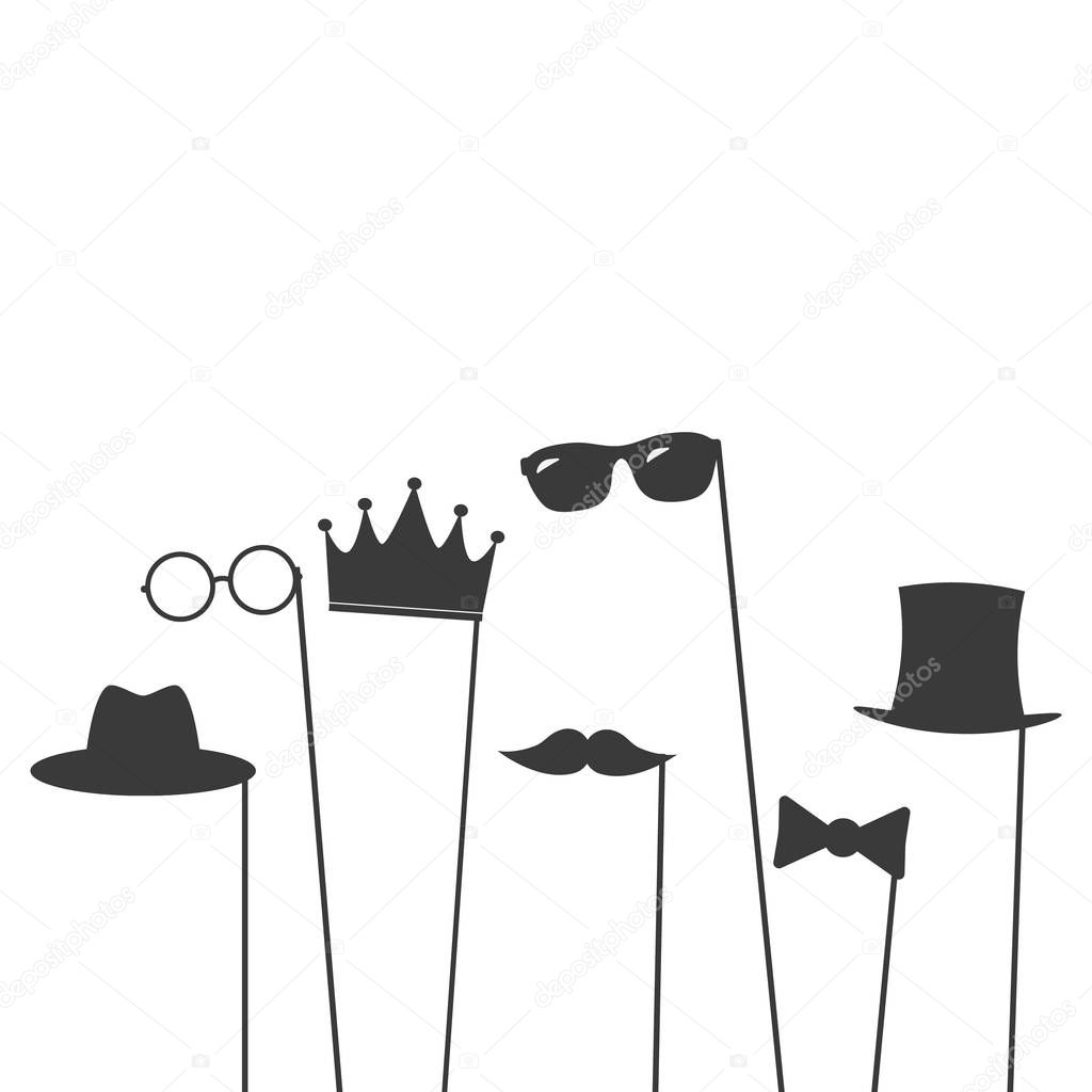 Glasses, crown, mustaches, hats, gentelmens icons set on a stick. Vector