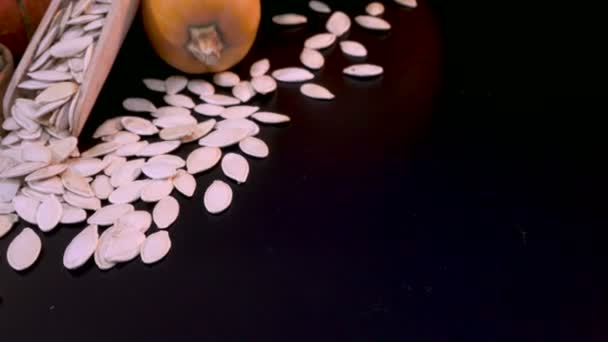 Белые Зеленые Семена Тыквы Оранжевые Желтые Кабачки Чёрный Фон — стоковое видео