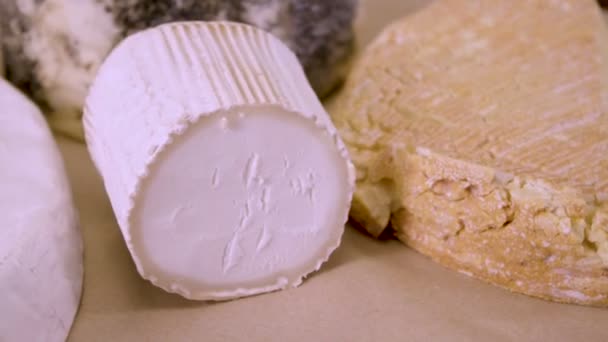 Verschiedene Arten Von Blauschimmelkäse Aromatische Käsesorten Mit Weißem Blauem Schimmel — Stockvideo