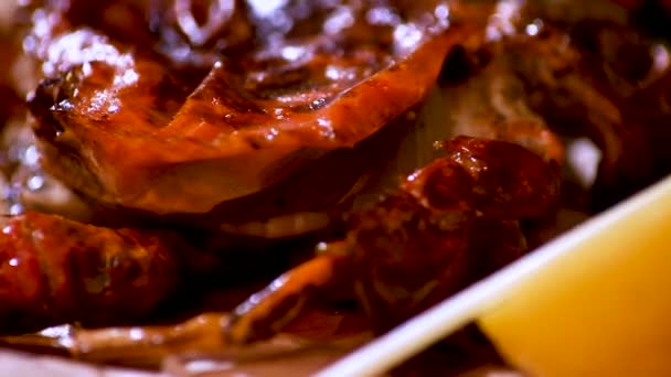 Fried Crab Olive Oil Shines Rays Light Close — Stock Video