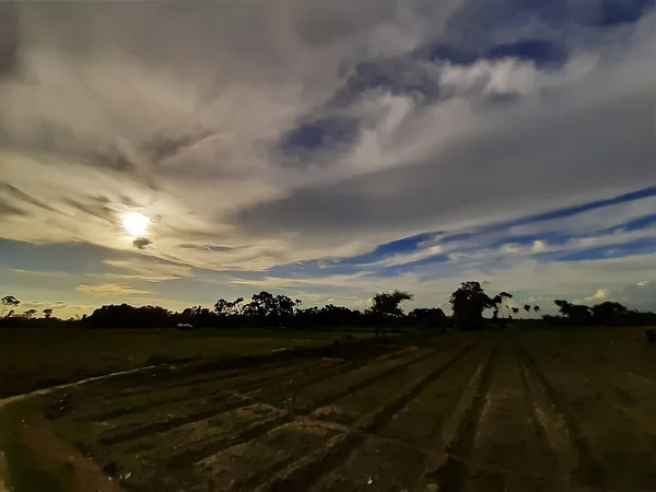 里野菜畑の黒い雲と夕焼け空の影 — ストック写真