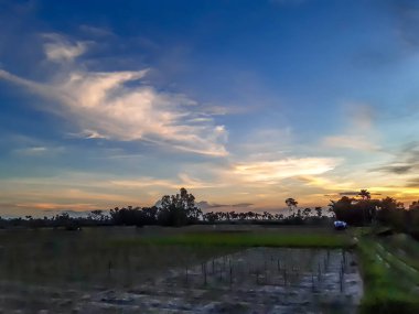 Akşamları, güneşin ışığı mavi gökyüzündeki kara bulutların ve Hindistan 'ın kırsal çevre ve tarım arazilerinin ortasına yansıyor..