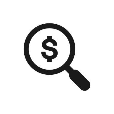 Para ikonu aranıyor. Büyüteç vektör çiziminde dolar işareti. Dolar / para aranıyor