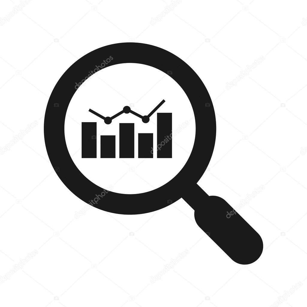 Analytics vector icon - magnifying glass with bar chart. Financial analysis and business analysis concept. Market research. Data analytics. Statistics.