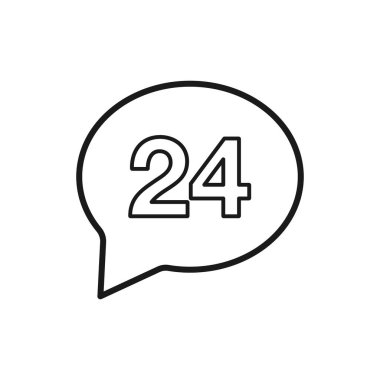 24 saat destek ikonuyla sohbet balonu. 24 saatlik servis hattı simgesi. Destek kodunu ara. Geri bildirim sohbet sembolü. Kaliteli ağ uygulaması ögesi. Satır tasarımı 24h servis simgesi.