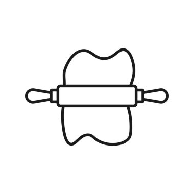 Beyaz arka planda izole edilmiş hamur katmanlı merdane. Hamur ve oklavanın basit bir çizimi. Klasik pasta için mutfak gereçleri.