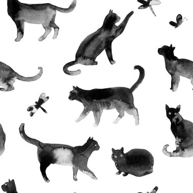 Kedi ile Seamless modeli. Elle çizilmiş vektör desen.
