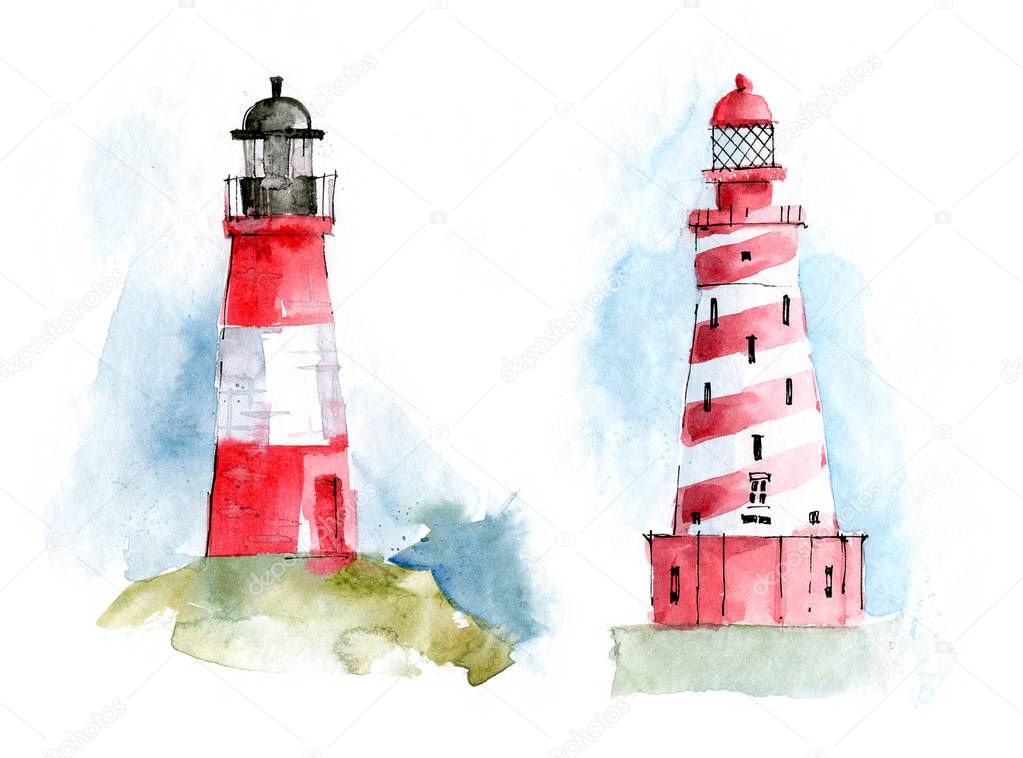Watercolor hand drawn lighthouses - nautical elements