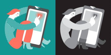 Kadın smartphone ile mesaj, düz stil gibi tutun. Vektör çizim