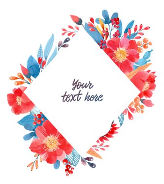 Dekoratif çerçeve. Sulu Boya çiçekler, el ile çizilmiş.