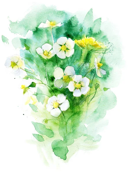 Watercolor Painting Strawberry Flowers — Stock Photo, Image