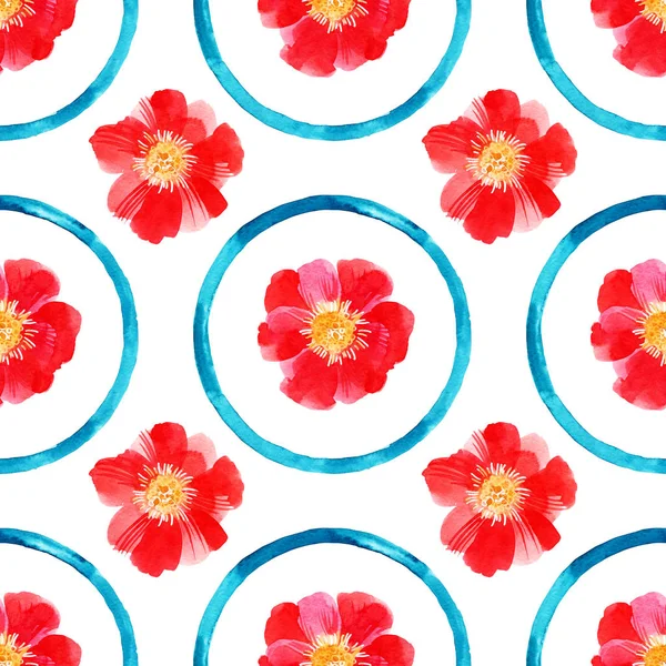 Suluboya Yüzük Kırmızı Çiçekler Ile Seamless Modeli — Stok fotoğraf