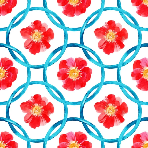 Seamless pattern with watercolor rings and red flowers.