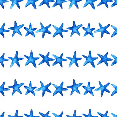 Mavi deniz yıldızı ile Seamless modeli. Suluboya çalışmaları.