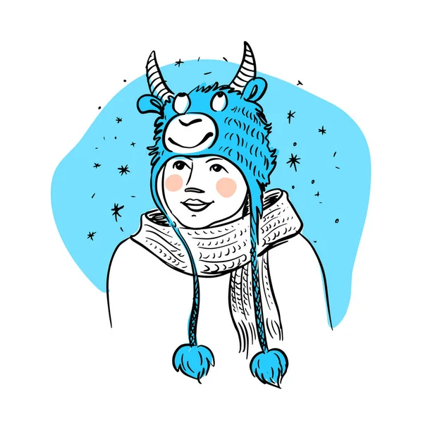 牛と面白い冬の帽子の女の子のベクトル図面 新年のテーマ 白い背景のベクトルデジタルイラスト — ストックベクタ
