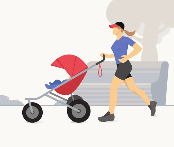 Woman Jogging Stroller Active Mother Jogging Mother Child Stroller Running — Stock Vector