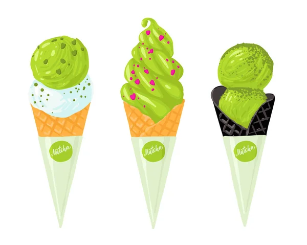 Ensemble Vectoriel Avec Matcha Crème Glacée Ensemble Illustration Différents Types — Image vectorielle