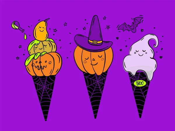 Conjunto Gelado Halloween Sorvete Com Elementos Halloween Ilustração Vetorial — Vetor de Stock