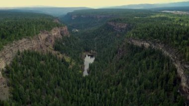 Kanada dağları ve yeşil çam ormanı arasındaki kanyonda kristal berrak göl