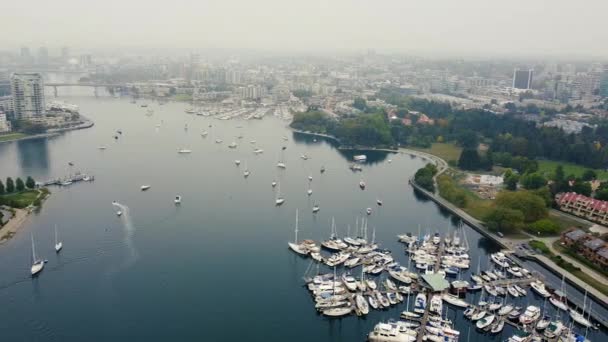 Survolez False Creek Vancouver Avec Des Yachts Ancrés Une Marina — Video