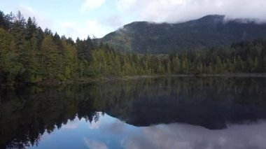Güneşli bir günde dağlara doğru kristal berrak gölün üzerinde uçuyor.