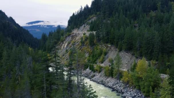 Drone Shot Van Rivier Waterval Omliggende Bergen Met Sparren Bomen — Stockvideo