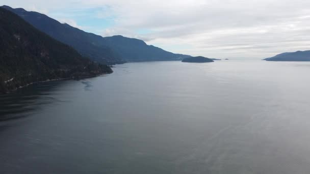 Luchtfoto Van Het Meer Met Reflectie Van Grijze Lucht Aangrenzende — Stockvideo