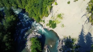 Kanada dağlarının aşağısındaki vahşi nehir manzarası. Yakınlarda kütükler ve çığ
