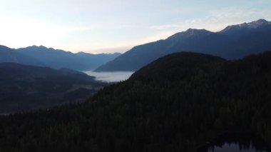 Dağlarla çevrili vadideki yeşil çam ormanının üzerinden uç.