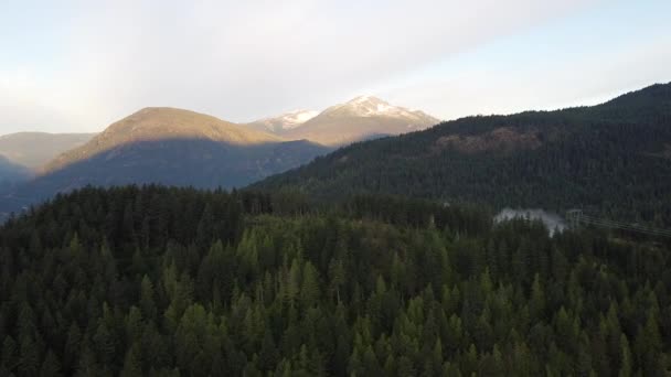 Volar Sobre Bosque Verde Hacia Líneas Eléctricas Montañas Luz Mañana — Vídeos de Stock