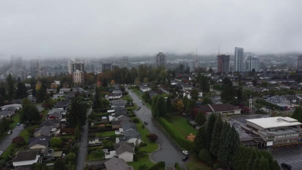 Luchtfoto Van Vancouver Kleine Huizen Bouw Achter — Stockvideo