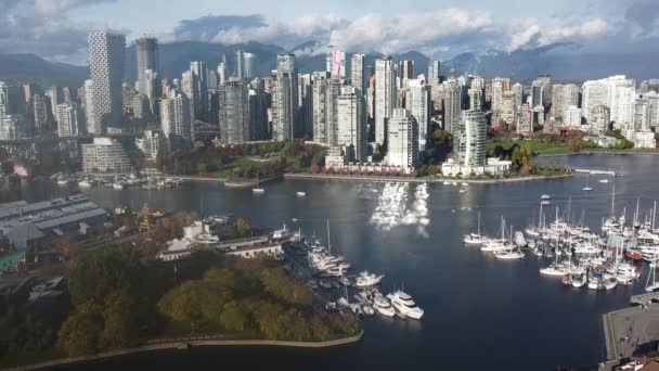 Vista Aérea Del Centro Vancouver Día Soleado Con Puerto Deportivo — Vídeo de stock